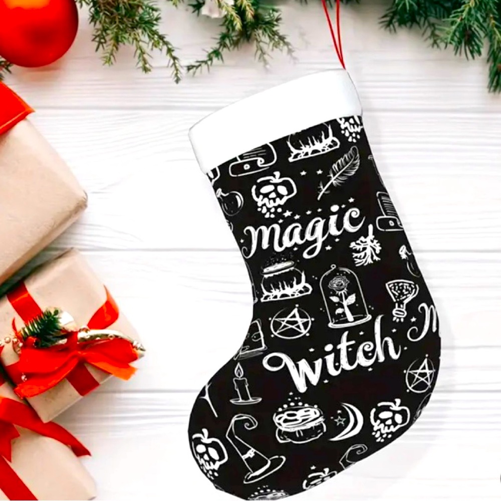 Black Witch Christmas Stocking Fun Happy Magic Alternative Yule Dark White Pagan